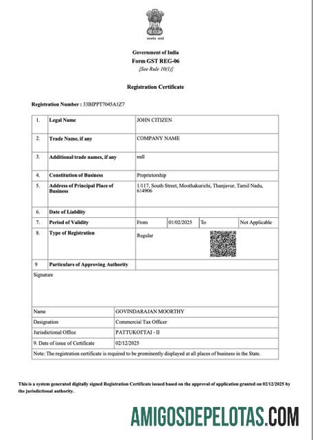 Modelo realista de certificado de registro na Índia em Word e PDF